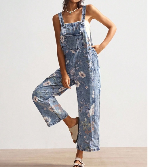 Western Floral Print Light Wash Pockets Wide Leg Denim Jean Bib Overalls - Picture 5 of 8